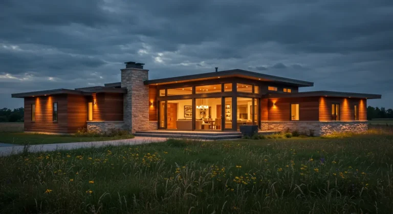 Exterior view of a Contemporary Prairie Home featuring low-pitched rooflines, horizontal lines, and large windows blending with natural surroundings.