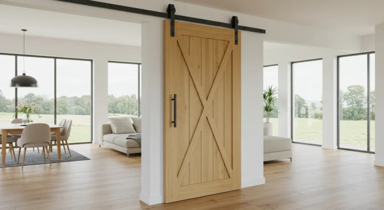 Rustic sliding barn door in modern farmhouse hallway with matte black hardware, offering stylish interior passage solution while preserving open space concept