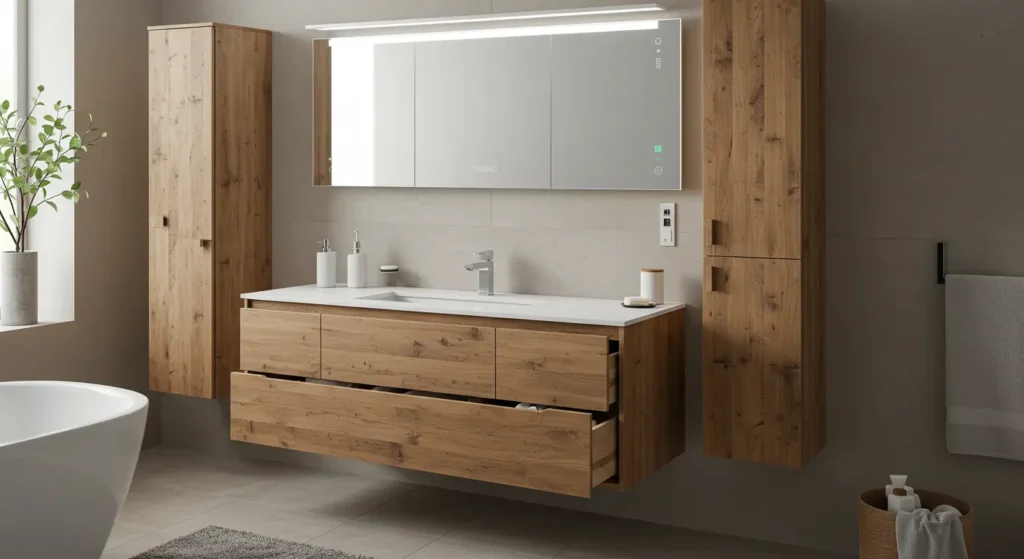 modern bathroom vanity with Eco-friendly materials, Cean Lines & Minimalism, Smart Storage, Motion-activated lighting, built-in c harging ports, and demisting mirrors elevate functionality..